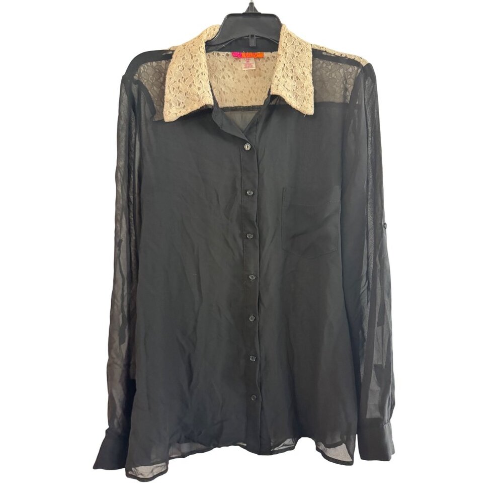 Catch My I Button-Up Womens Medium Polyester Black Lace Collar Long-Sleeve Top